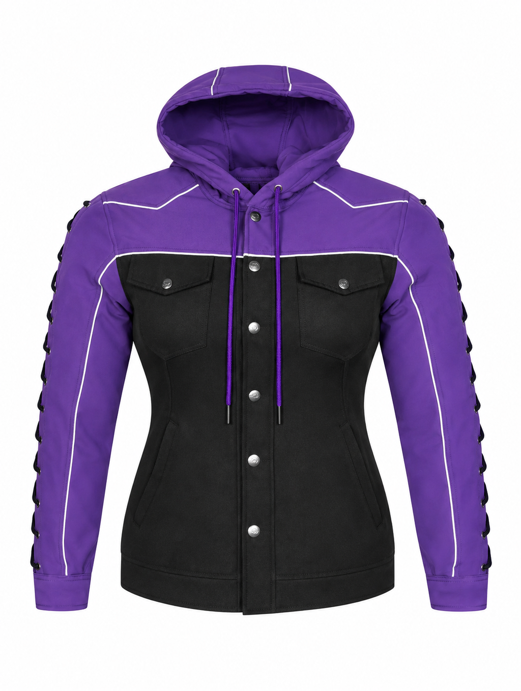 Ladies Armored Motorcycle Reflective Softshell Hoodie - Purple and Black - MOTORBIKEHORSE